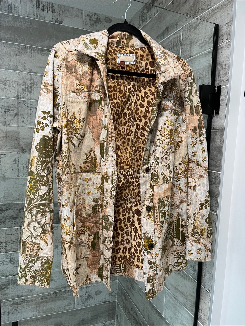 Anthropologie Pilcro Floral Print Utility Jacket with Leopard Lining - Green/Tan